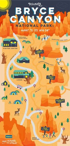 a map of the national park with trees, mountains and other things to see on it