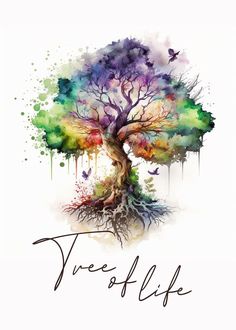 a watercolor tree with the words tree of life painted on it's side