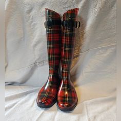 *Please Note These Are Not My Size So I Don't Know If They Are True To Fit. I Have Measurements In Pictures. Rhis Are A Red Tartan Plaid Colors. Has The Black Rubber Sole At The Bottom. There Is The Adjustable Strap At The Calves That Is Black And Gold. These Are Used So They Are Showing Signs Of Use With A Some Scratches And Some Areas Where The Boot Material Isn't As Shiney When Like Brand New. The Right Is Missing The Green Logo At The Backnof The Heel But This Doesn't Effect You Wearing Them Red Rain Boots, Ralph Lauren Boots, Duck Shoes, Black Rain Boots, Ankle Rain Boots, Black Riding Boots, Blue Camouflage, Tall Riding Boots, Suede Leather Boots