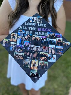 a woman holding up a graduation cap with photos on it that says, long live all the magic we made