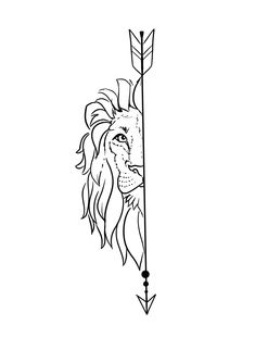 a drawing of a lion with an arrow on it's head is shown in black and white