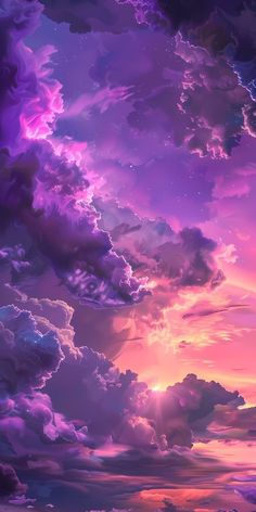 the sky is filled with purple clouds as the sun sets