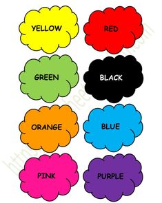 different colors of speech bubbles with the words yellow, red, green, blue and purple