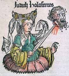 a drawing of a woman holding a knife and looking at a man with a beard