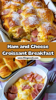 ham and cheese croissant breakfast casserole in a white baking dish on a table