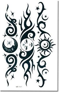 the sun and moon tattoo design is shown in black ink on white paper with stars