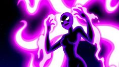 a cartoon character with purple hair and eyes holding up her hands in front of flames