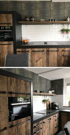 two pictures of a kitchen with wooden cabinets