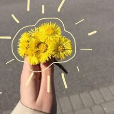 a hand holding a bunch of yellow dandelions in the shape of a cloud