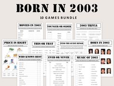 the game bundle for born in 1932 is shown with text and pictures on it, including games