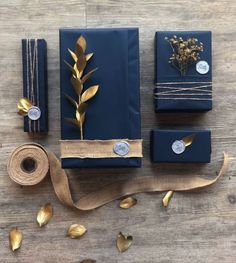 blue wrapping with gold leaves and ribbons