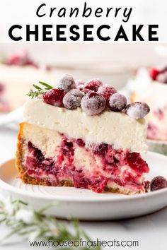 a slice of cranberry cheesecake on a plate