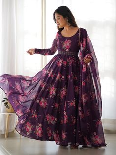 Readymade Anarkali Gown With Dupatta & Belt Processing Time : 7 Business Days Work : Digital Printed Fabric:Top : Pure Organza Silk Bottom : N/A Dupatta : Pure Organza Silk Color:Top : Wine Bottom : N/A Dupatta : Wine Organza Dress Indian, Organza Dress Indian Kurti, Kurta With Dupatta, Patiyala Dress, Organza Gown, Silk Anarkali, Indian Kurti, Gown With Dupatta, Organza Gowns