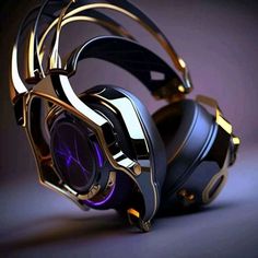 a pair of headphones sitting on top of each other in front of a dark background