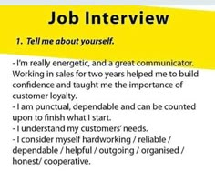 the job interview is written in yellow and white