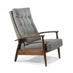 a gray chair with wooden arms and legs