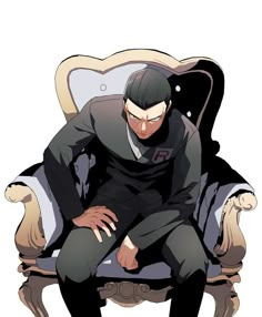 a man sitting on top of a chair in front of a white background with an anime character