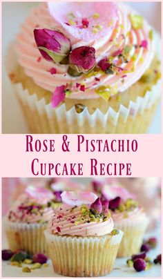 rose and pistachio cupcake recipe with pink frosting on top, surrounded by flowers