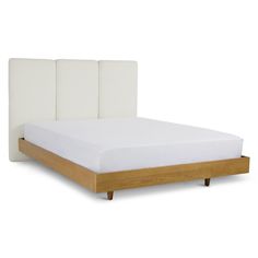 a bed with white sheets and wooden headboard on top of the bed, against a white background