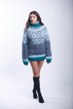 Mohair Nordic Sweater, Fluffy Nordic Jumper, Icelanding Sweater ,Molimarks  DETAILS  *Material -Premium Mohair Yarn  *100 % Handmade and Homemade locally in Bulgaria /EU / by our own employed knitters. We ensure excellent working conditions- faire paid , free health insurance and 20 days annual paid vacation..     / Made in a smoke-free and pet friendly environment/ *Style - nordic knit pattern *Color - gray,blue ,green,white See for more combination in 4th picture in the listing      / Product Fuzzy Mohair Sweater, Pull Mohair, Ski Vintage, Colors Combinations, Icelandic Sweaters, Chunky Jumper, Nordic Sweater, Handmade Knitwear, Aran Sweater