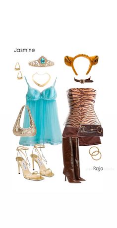 a woman's outfit and accessories including shoes, handbags, purses and necklaces