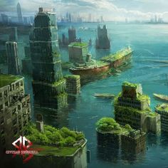 an artist's rendering of a city floating in the ocean with green plants growing on it