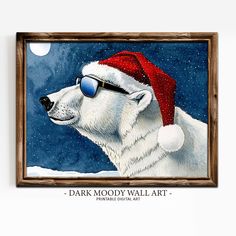 a painting of a polar bear wearing sunglasses and a santa hat with the moon in the background