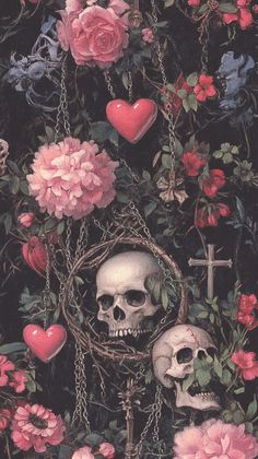 a painting with skulls and roses on the wall next to a cross, heart - shaped flowers