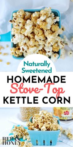 homemade stove top kettle corn recipe with text overlay