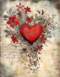 a painting of a red heart surrounded by leaves and flowers on an old paper background