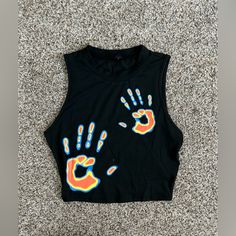 Thermal Hand Print Tank Top. Womens S. Perfect Condition. No Rips, Holes, Or Stains. Never Worn Thermal Hand Print Shirt, Hand Painted Sweatshirts, Painting On Tank Top, Tank Top Painting Ideas, Stretch Black Tank Top With Graphic Print, Black Stretch Tank Top With Graphic Print, Neon Shirt Ideas, Thermal Hand Print, Paint On Shirt