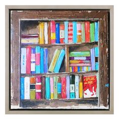 a painting of a bookshelf filled with lots of colorful books on top of each shelf