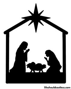 a black and white silhouette of the birth of jesus