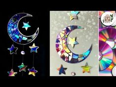 two pictures with different designs on them and one is made out of cd cds, the other has stars