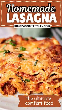 homemade lasagna recipe on a plate with text overlay that reads, the ultimate comfort food