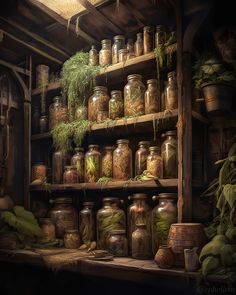 many jars and plants are on shelves in the room