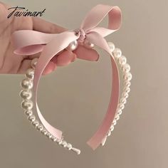 TAVIMART - Pink Satin Pearl Hair Band Cream Color Girl Bow Ribbon Sweet Temperament Headband Hair Hoop Headwear Women Jewelry Accessories Pearl Hair Band, Kawaii Hair Accessories, Y2k Beach, Coquette Fashion, Pink Head, Ribbon Headbands, Kawaii Hairstyles, Pink Accessories, Bow Ribbon