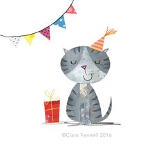 a watercolor drawing of a cat wearing a party hat and holding a gift box