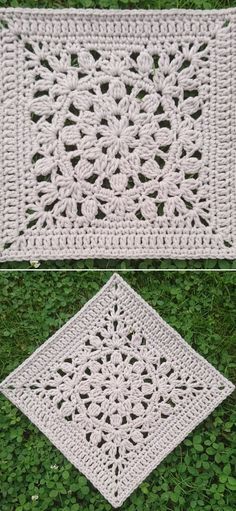 two crocheted squares sitting on top of green grass