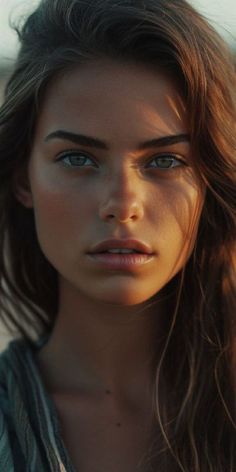 a woman with long hair and blue eyes looks into the camera while standing on a beach