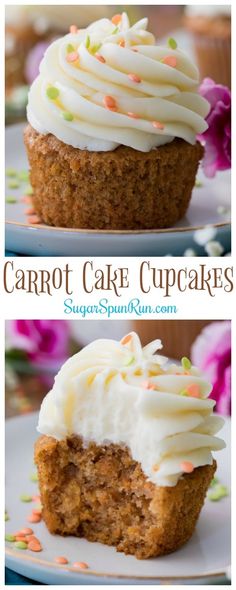 carrot cake cupcakes with white frosting and sprinkles