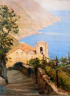 an oil painting of a house on a cliff overlooking the ocean and mountains with stairs leading up to it