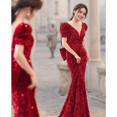 Olivia Mark - Bridal Winter Red Tailing Sequin Evening Gown with Fish Tail and Open Back for Hostesses Fish Tail Gown, Sequin Evening Gowns, Winter Red, Red Evening Dress, Fish Tail, Sequin Gown, Red Sequin, Gowns With Sleeves, Patchwork Dress