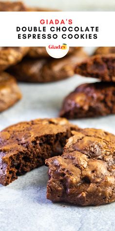 chocolate cookies are cut in half and stacked on top of each other with the words glaada's double chocolate espresso cookies