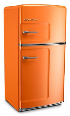 an orange refrigerator freezer sitting on top of a white floor next to a wall