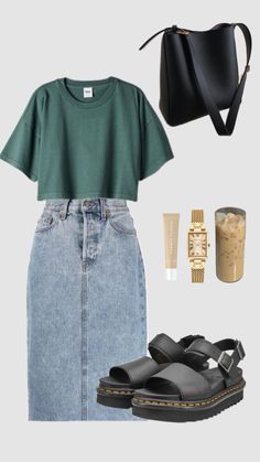 #fallfashion #modestfashion #beigeaesthetic #denimmidiskirt #longjeanskirt #modestoutfit #neutralsaesthetic #fallfit Everyday Fashion Outfits, Casual Day Outfits, Looks Street Style, Mode Inspo, Looks Style