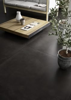 a potted plant sitting on top of a wooden table next to a couch and coffee table