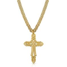 Keep your faith close to you with the Grand Faith Cross Necklace. This necklace features a stunning intertwined design that is created by an intricate open cut gold tone that weaves through the design to create the cross. This gold tone pendant like faith displays delicate strength. The gold tone chain is 24 inches. All Montana Silversmiths jewelry and accessories are coated with Montana Armor to prevent tarnish. This necklace has a lobster clasp for ease of use. Unique designs give this necklace a bold look. Gold Cross Necklace With Figaro Chain, Gold Filigree Cross Pendant Necklace, Gold Filigree Cross Necklace, Gold Cross Necklace With Filigree, Gold Cross Necklace With Curb Chain, Yellow Gold Cross Necklace With Curb Chain, Gold Spiritual Cross Necklace With Engraving, Montana Silversmith Jewelry, Faith Cross