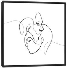 a line drawing of two women's faces, one with her head in the other