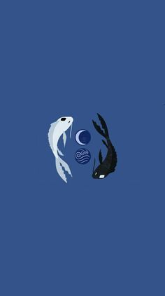 two black and white koi fish swimming in the blue water with moon phases above them